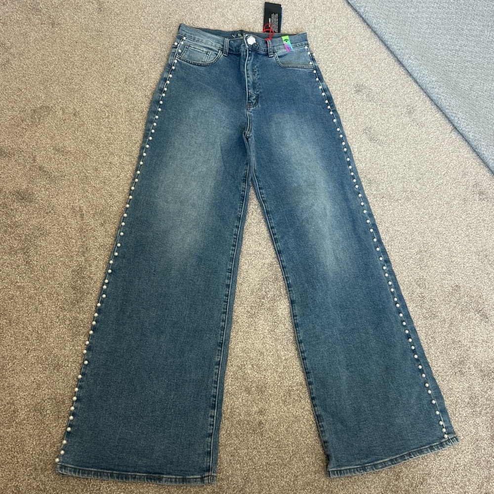 Blue Flare & Wide Leg Jeans with Pearl Detail